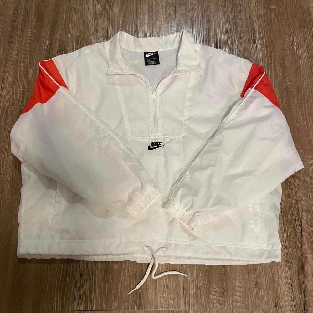 Nike Mens Windbreaker Jacket Size Large White Red Nylon Half Zip Pullover Sport